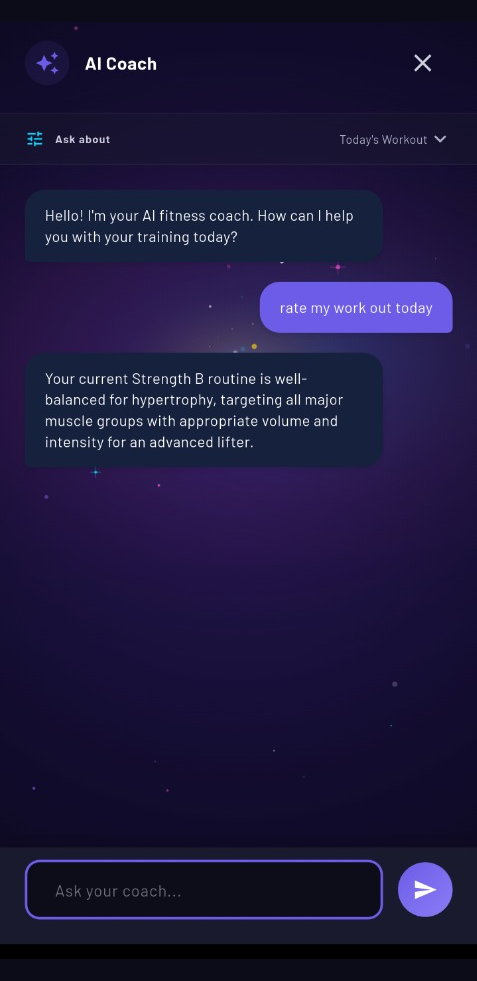 AI Coach chat screen giving personalized hypertrophy routine feedback