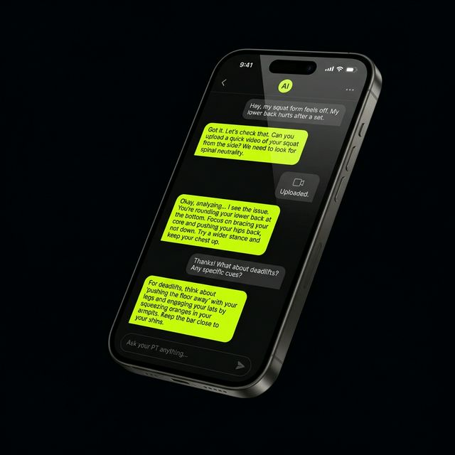 Chat interface showing AI PT giving personalised workout advice