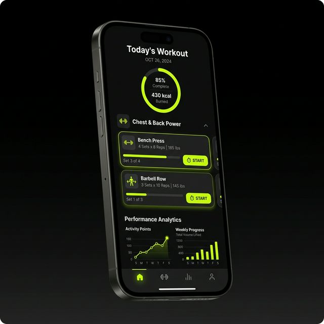 Your PT app showing an AI-powered workout plan with progress tracking