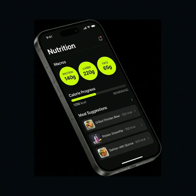 Nutrition tracking screen with calorie ring and macro breakdown